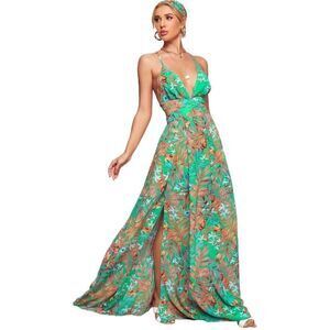 Beautiful Tie Back Split Tropical Print Maxi Dress Size XS